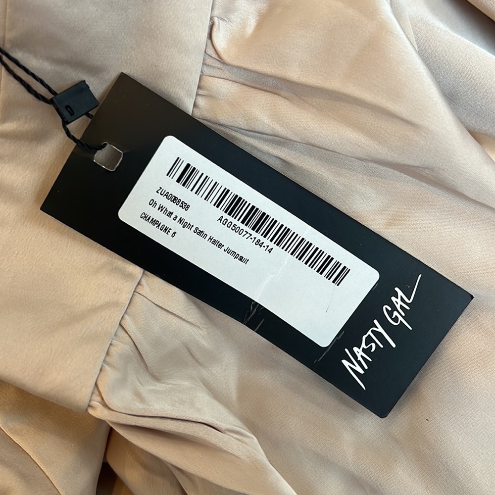NWT Nasty Gal “Oh What A Night” Champagne Satin Halter Wide Leg Jumpsuit - Picture 4 of 6